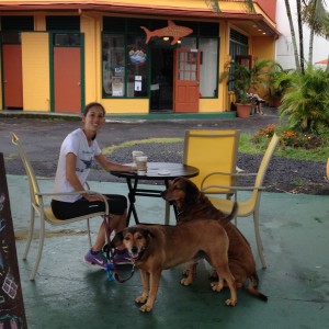 Marty with her pups Rileyjane and Honeygirl enjoying their Hilo Shark's coffee